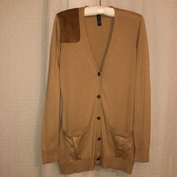 LRL M Tan Brown Five Button Front 💯Cotton Fine Knit Cardigan Sweater - Picture 1 of 16